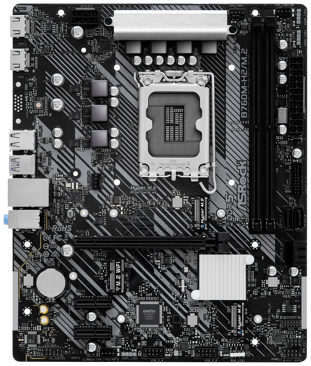 Schwarzes Computer-Motherboard mit silbernen Schaltkreisen und einem CPU-Sockel. Enthält mehrere PCI-Steckplätze und Anschlüsse.