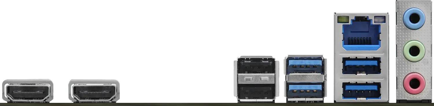 'Rückseite von Computeranschlüssen mit HDMI, USB, Ethernet und Audiobuchsen.'