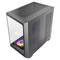 Schwarzes PC-Gehäuse mit seitlichem Glasfenster, zeigt bunte RGB-Belüftungselemente. Ideal für Gaming-Setups.