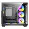 PC-Gehäuse mit Glasfenster und sechs RGB-Lüftern, die bunt leuchten. Das Gehäuse ist leer und bietet Platz für PC-Komponenten.