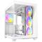 Ein leerer, weißer PC-Gehäuse-Tower mit Glasscheibe und mehreren eingebauten, leuchtenden, RGB-Lüftern.