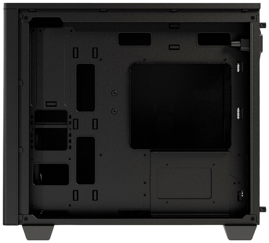Ein leeres Computergehäuse mit offenen Seitenteilen zeigt Platz für Komponenten wie Motherboard und Festplatten.