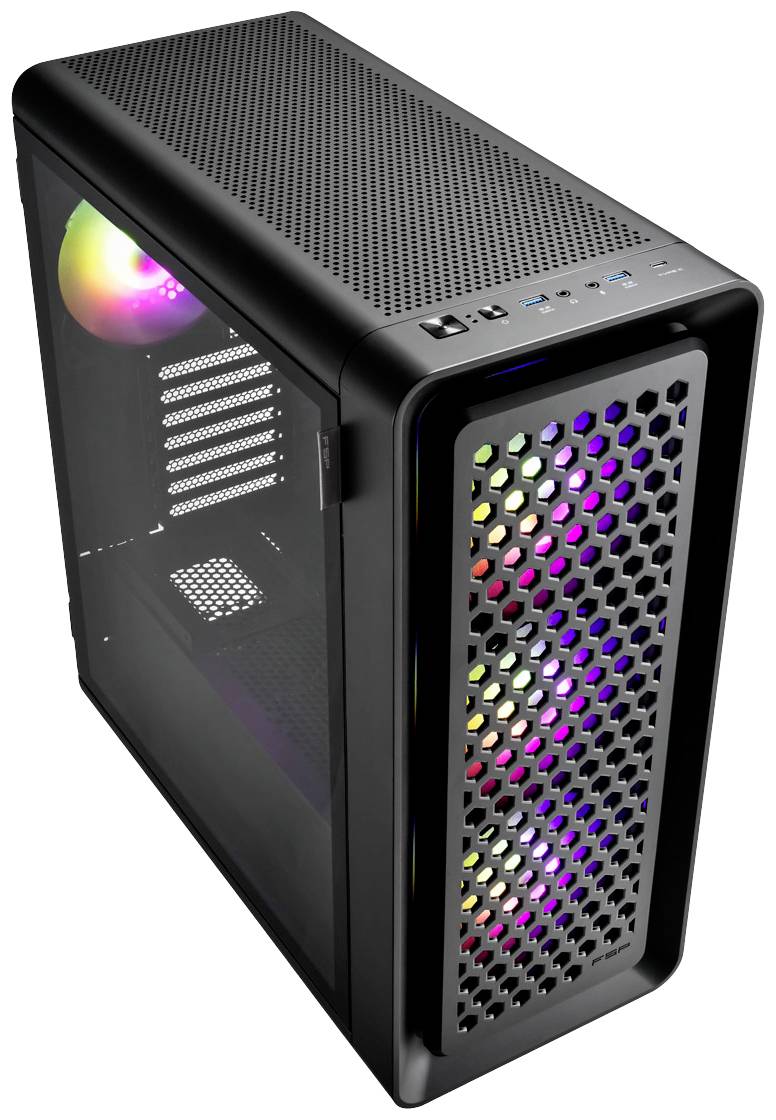 Ein schwarzes Computergehäuse mit seitlichem Glasfenster und bunter RGB-Beleuchtung an der Vorderseite. Ideal für Gaming-PCs.