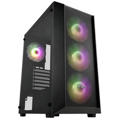 Schwarzes PC-Gehäuse mit transparentem Seitenteil, drei leuchtende RGB-Lüfter an der Vorderseite, geeignet für Gaming-PC.