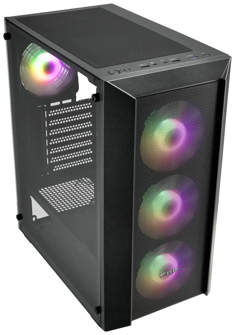 Schwarzes PC-Gehäuse mit vier RGB-Lüftern, drei vorne, einer hinten. Oben befinden sich USB- und Audiosteckplätze.