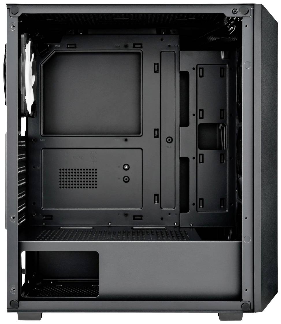 Leeres Computergehäuse in seitlicher Ansicht. Sichtbar sind die Halterungen für die Hardware-Komponenten und Lüfterplatzierungen.