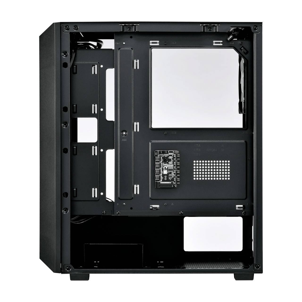 Computergehäuse in Schwarz mit offenem Seitenpanel, zeigt Innenraum für Hardwareinstallation.