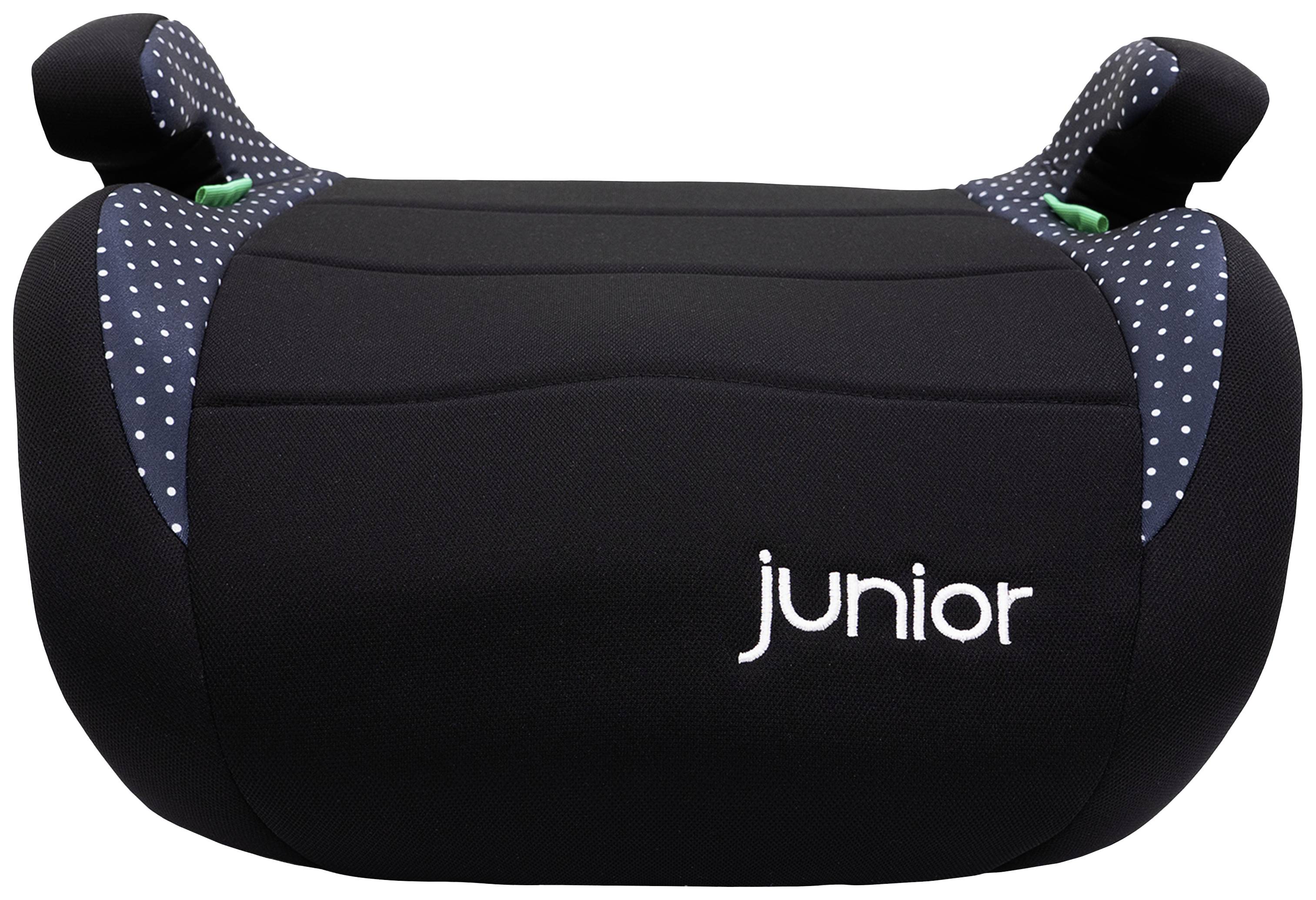 Eine schwarze Kindersitzerhöhung mit gepunkteten Seitenteilen und der Aufschrift 'junior'.