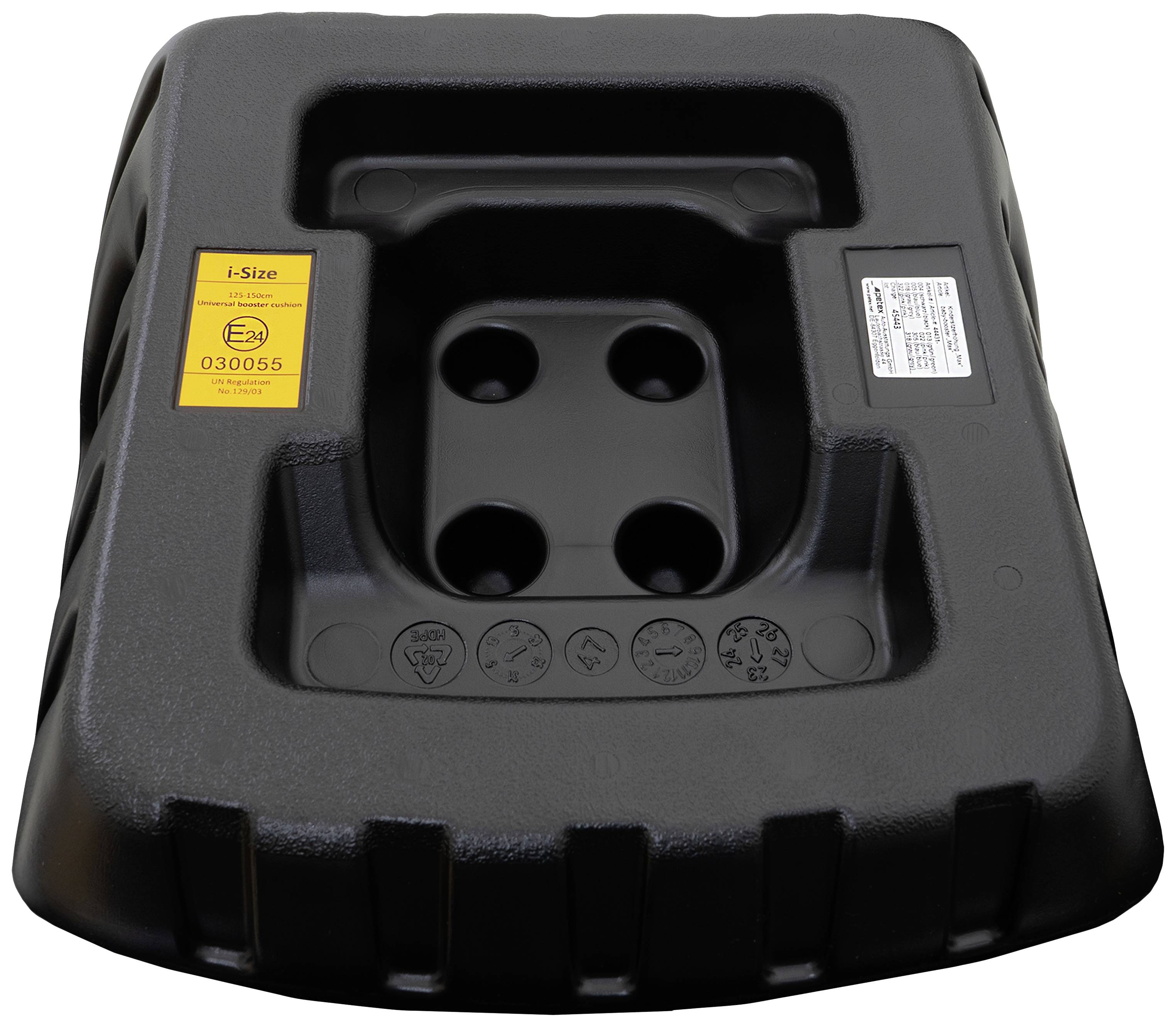 Eine schwarze Basisstation für Kindersitze mit ISOFIX-Anschlüssen, Etiketten mit Sicherheitsinformationen sichtbar.