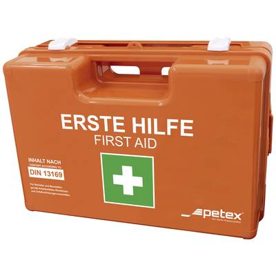 Ein Erste-Hilfe-Kasten in leuchtendem Orange mit weißem Kreuz auf grünem Hintergrund und der Aufschrift 'Inhalt nach DIN 13169'.