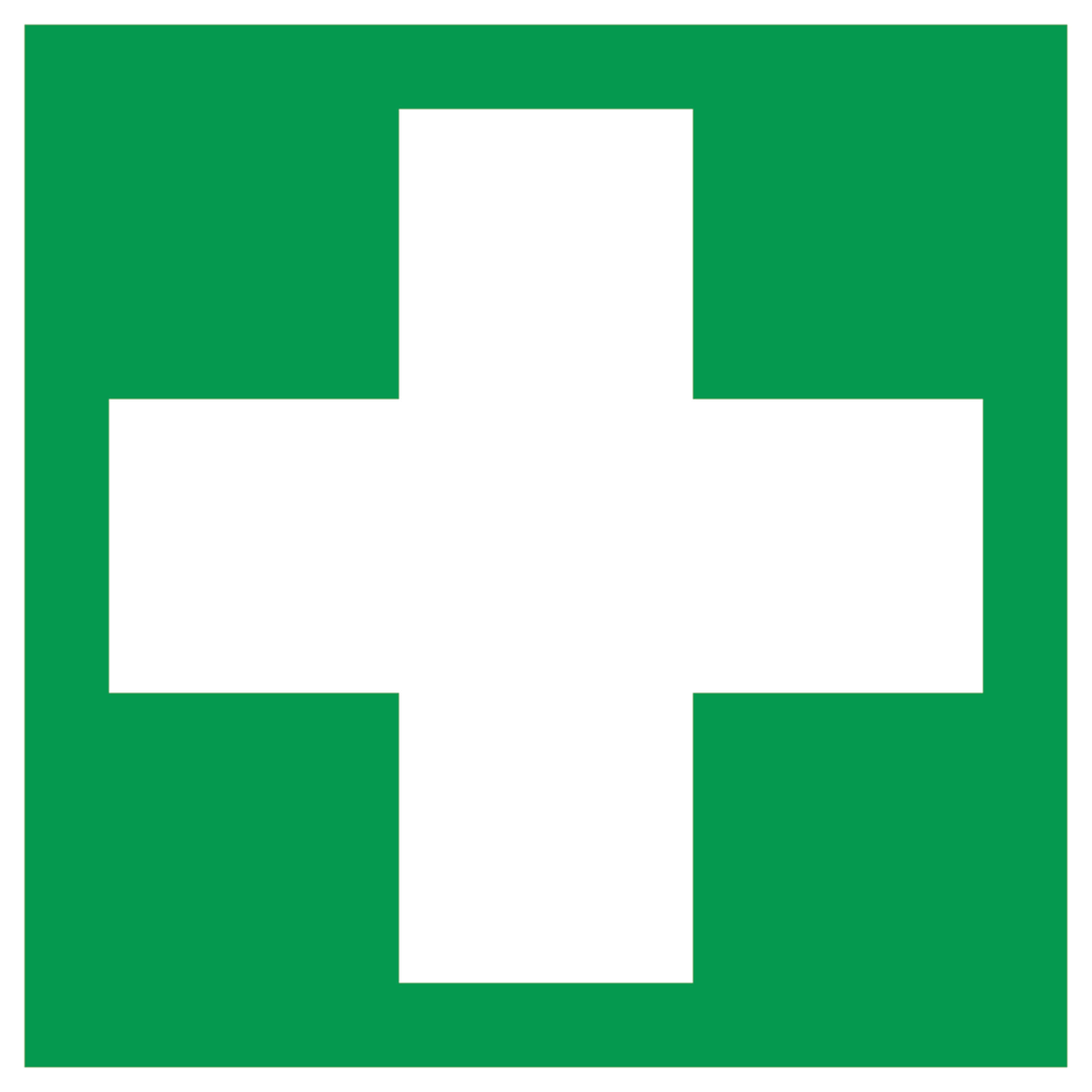 Grünes Quadrat mit weißem Kreuz, international bekanntes Symbol für Erste Hilfe.