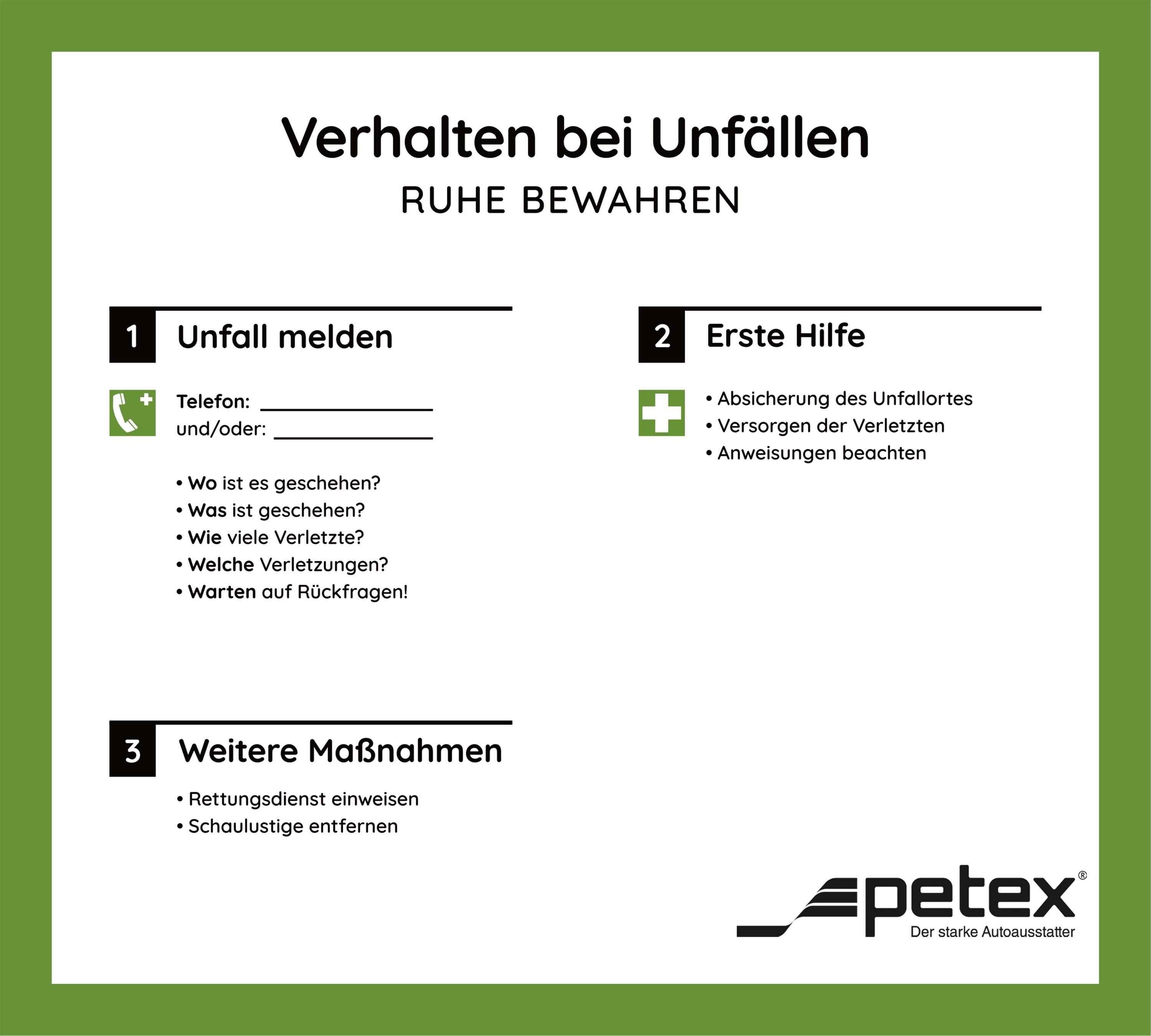 'Unfallverhalten' Infografik. Anweisungen: 1. Unfall melden - Kontaktdaten ausfüllen. 2. Erste Hilfe leisten. 3. Weitere Maßnahmen durchführen.