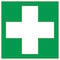 'Erste Hilfe'-Symbol: Weißes Kreuz auf grünem Hintergrund, zeigt an, dass Erste-Hilfe-Material oder station vorhanden ist.