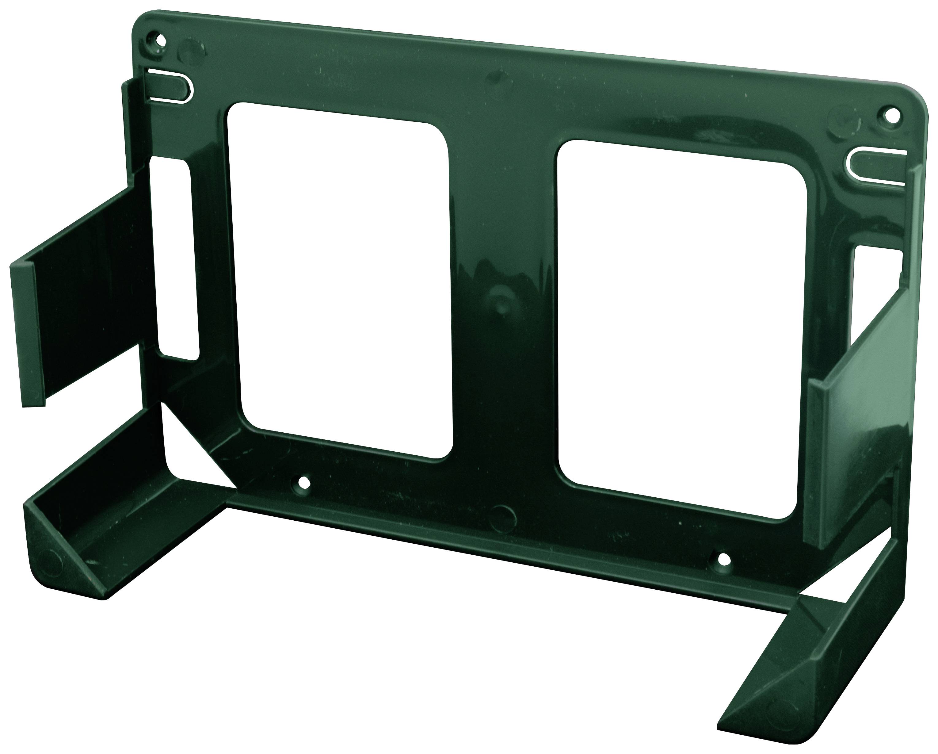 Grüner Briefhalter aus Metall mit zwei großen Fächern und drei kleineren Stiftehaltern an den Seiten.