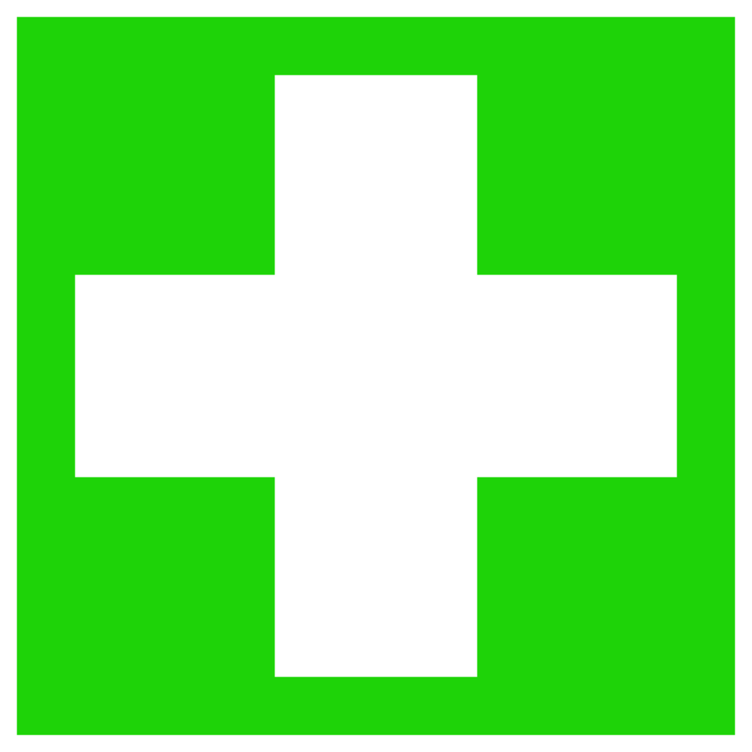 'Symbol eines weißen Kreuzes auf grünem Hintergrund, oft verwendet, um auf Erste-Hilfe-Stationen oder medizinische Hilfe hinzuweisen.'