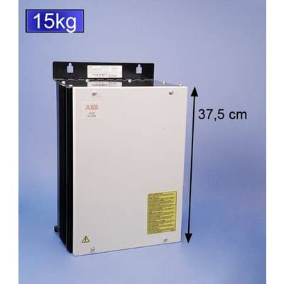 Ein elektrisches Bauteil mit den Maßen 37,5 cm Höhe, Gewicht 15 kg. Es hat ein weißes Gehäuse mit schwarzen Seiten und Sicherheitskennzeichnungen.