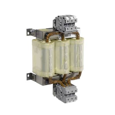 Ein dreiphasiger Transformator mit drei Wicklungen, montiert auf einer Metallhalterung. Oberhalb befinden sich elektrische Anschlüsse.