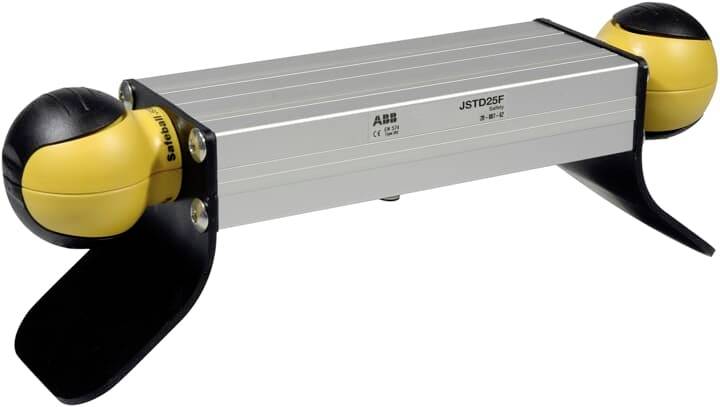 'Montageroboter-Greifer mit zwei gelben Saugnäpfen und silbernem Mittelteil von ABB, Modell JSTD25F. Verwendet für präzise Handhabung in Automatisierung.'