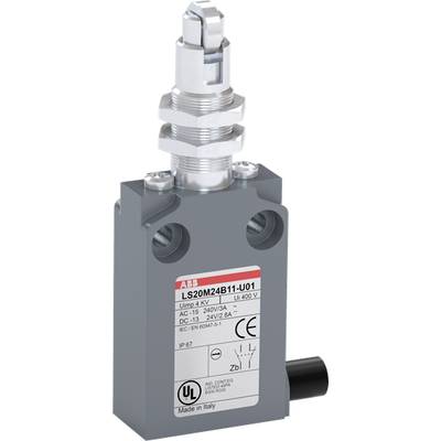 Ein grauer ABB-Sicherheitsschalter mit Metallhebel, Modell LS20M24B11-U01. Beschriftet mit Spezifikationen und UL-Zertifizierung.