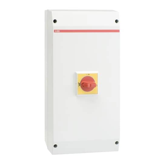Ein rechteckiger Elektroschaltkasten mit einem gelb-roten Drehschalter in der Mitte, montiert auf grauem Hintergrund.