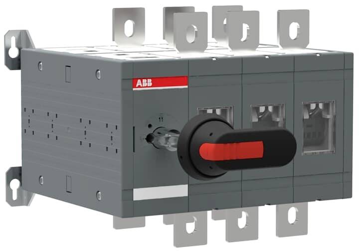 Ein grau-schwarzer ABB-Schalter mit rot-schwarzem Hebel, mehrere Anschlussstellen an der Oberseite.