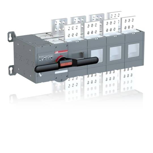 Hauptschalter mit schwarzem Griff und roten Details, sechs Anschlussplatten; industrielle elektrische Anlage.