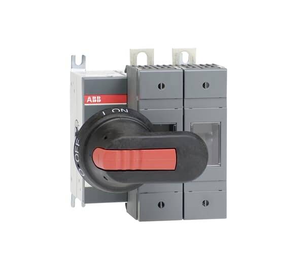 Ein schwarzer und roter elektrischer Schalter mit ON/OFF-Beschriftung zur Steuerung von Stromkreisen, montiert auf einer grauen Basis.