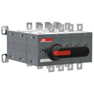 Ein grauer elektrischer Leistungsumschalter mit rotem und schwarzem Drehknopf. Markenname 'ABB' vorne sichtbar.