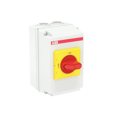 Weißes Gehäuse mit einem gelben Schalter von ABB, der auf 'ON' steht, um ein Gerät ein- oder auszuschalten.
