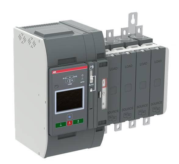 Schaltgerät mit mehreren Quellenanschlüssen, Anzeige und Bedienelementen zur Steuerung des Stromflusses in elektrischen Systemen.