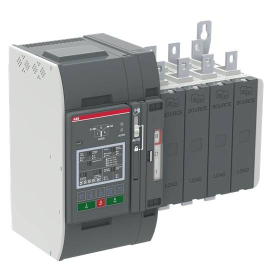 Ein elektrischer Schalter mit Markenlogo und Bedienfeld für automatische Einstellungen, daneben Klemmen für 'SOURCE' und 'LOAD'.