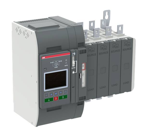 Ein automatischer Umschalter mit mehreren Last- und Quellanschlüssen, Display und Bedienelementen zur Steuerung elektrischer Systeme.