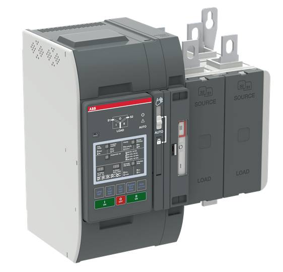 'Elektrischer Schalter mit digitalem Display und mehreren Anschlüssen, zeigt Lade- und Quellinformationen, schwarzes und graues Gehäuse.'
