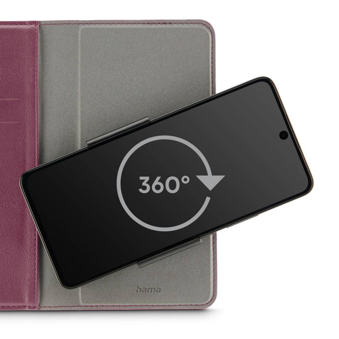 Smartphone in einer aufklappbaren Schutzhülle, Bildschirm zeigt ein 360-Grad-Symbol, symbolisiert Drehbarkeit oder Flexibilität.