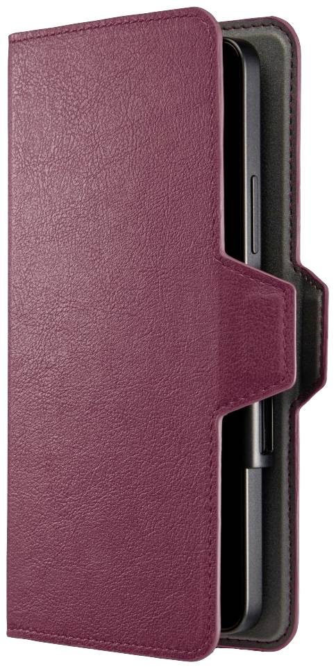 Smartphone in einer burgunderroten Ledertasche, halbgeschlossen.