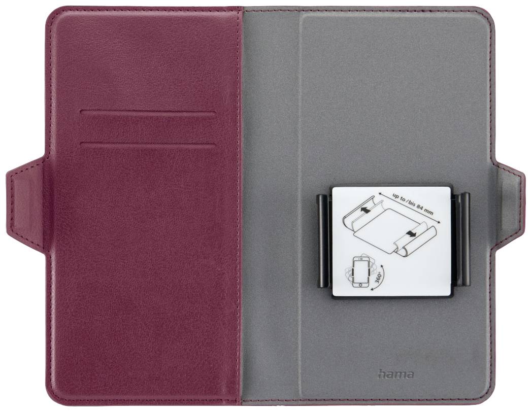 Rote Leder-Hülle mit drei Kartenfächern auf der linken Seite. Rechte Seite hat eine Haltevorrichtung für ein Gerät mit einer Montageanleitung.