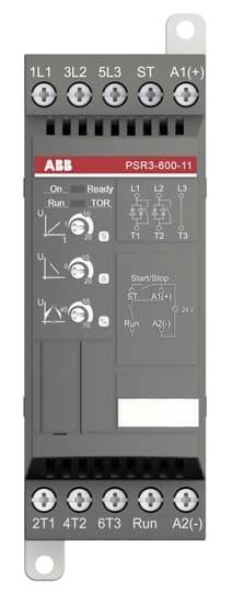 Ein ABB PSR3-600-11 Schütz mit Anschlüssen oben und unten. Funktionen aufgedruckt, darunter 'Start/Stop', für industrielle Steuerung.