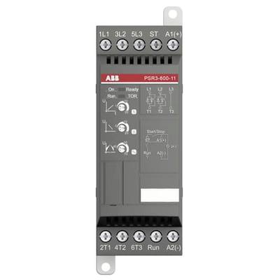 Ein ABB PSR3-600-11 Schütz mit Anschlüssen oben und unten. Funktionen aufgedruckt, darunter 'Start/Stop', für industrielle Steuerung.
