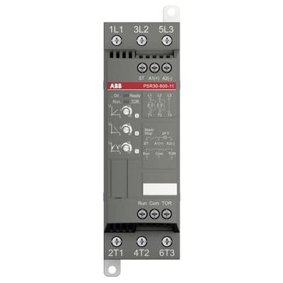 Ein elektrisches Steuergerät mit mehreren Anschlüssen und Einstellungen, gekennzeichnet mit 'ABB PSR30-600-11'.