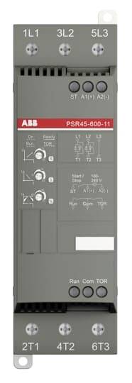 'ABB PSR45-600-11 Softstarter, schwarz-graues Gehäuse, rote Marke. Bedienelemente und Symbole auf der Vorderseite.'