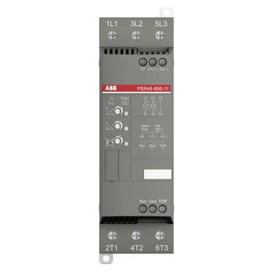 'ABB PSR45-600-11 Softstarter, schwarz-graues Gehäuse, rote Marke. Bedienelemente und Symbole auf der Vorderseite.'