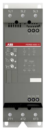 Grau-schwarzer ABB-Schalter mit Aufschrift 'PSR60-600-11'. Mehrere Anschlüsse oben und unten. Bedienelemente und Diagramme auf der Vorderseite.