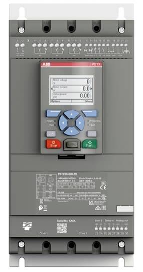 Industrie-Sanftanlasser mit digitalem Display, Tastenfeld zur Steuerung, und mehreren Anschlussklemmen oben und unten.