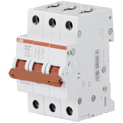 Ein dreipoliger Sicherungsautomat der Marke ABB, Modell SD 203 mit einer Stromstärke von 63 A, geeignet für 400 V AC.