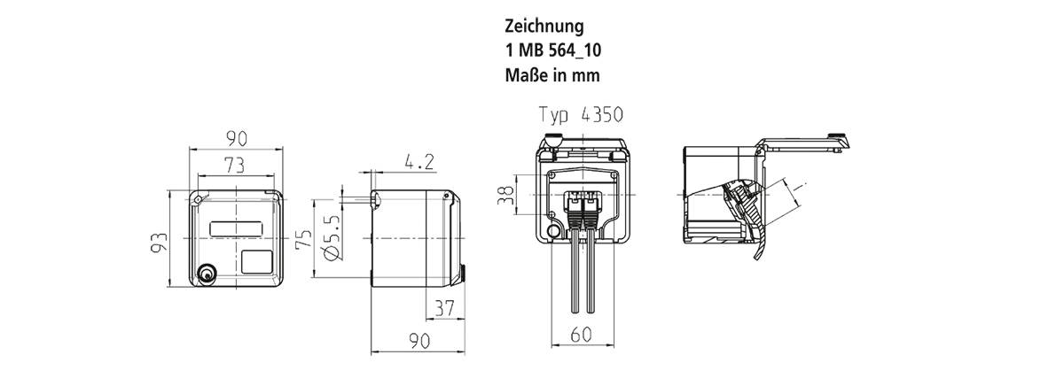 Technische Zeichnung eines Geräts mit Abmessungen in Millimetern. Sichtbar sind Draufsicht, Vorderansicht und Seitenansicht.