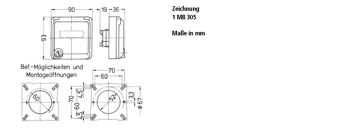 'Technische Zeichnung eines Gehäuses mit Abmessungen in mm. Vorderansicht 93x90, Seitenansicht 19-35 Tiefe. Befestigungsmöglichkeiten markiert.'