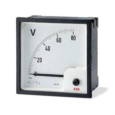 Analoger Voltmeter zeigt Spannung von 0 bis 80 Volt an. Gehäuse in Schwarz, Skala in weißen Hintergrund und schwarze Markierungen.