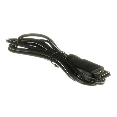 Schwarzes USB-Kabel mit einem USB-A-Stecker, aufgerollt und zusammengebunden, liegt auf weißem Hintergrund.