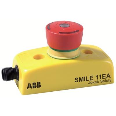 Gelber Not-Halt-Schalter mit rotem Knopf, auf dem 'Smile 11EA Jokab Safety' und 'ABB' steht. Rundumansicht mit Anschlussbuchse.