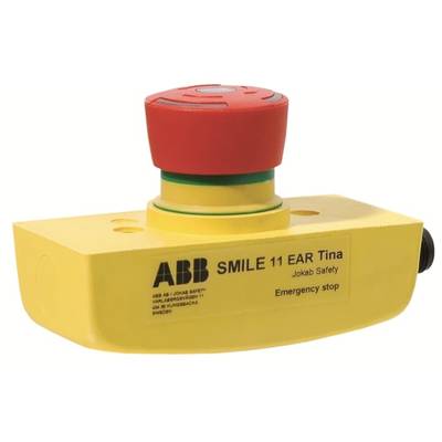Gelber Notschalter mit rotem Knopf, markiert mit 'ABB SMILE 11 EAR Tina', dient zur Notabschaltung in Sicherheitssystemen.
